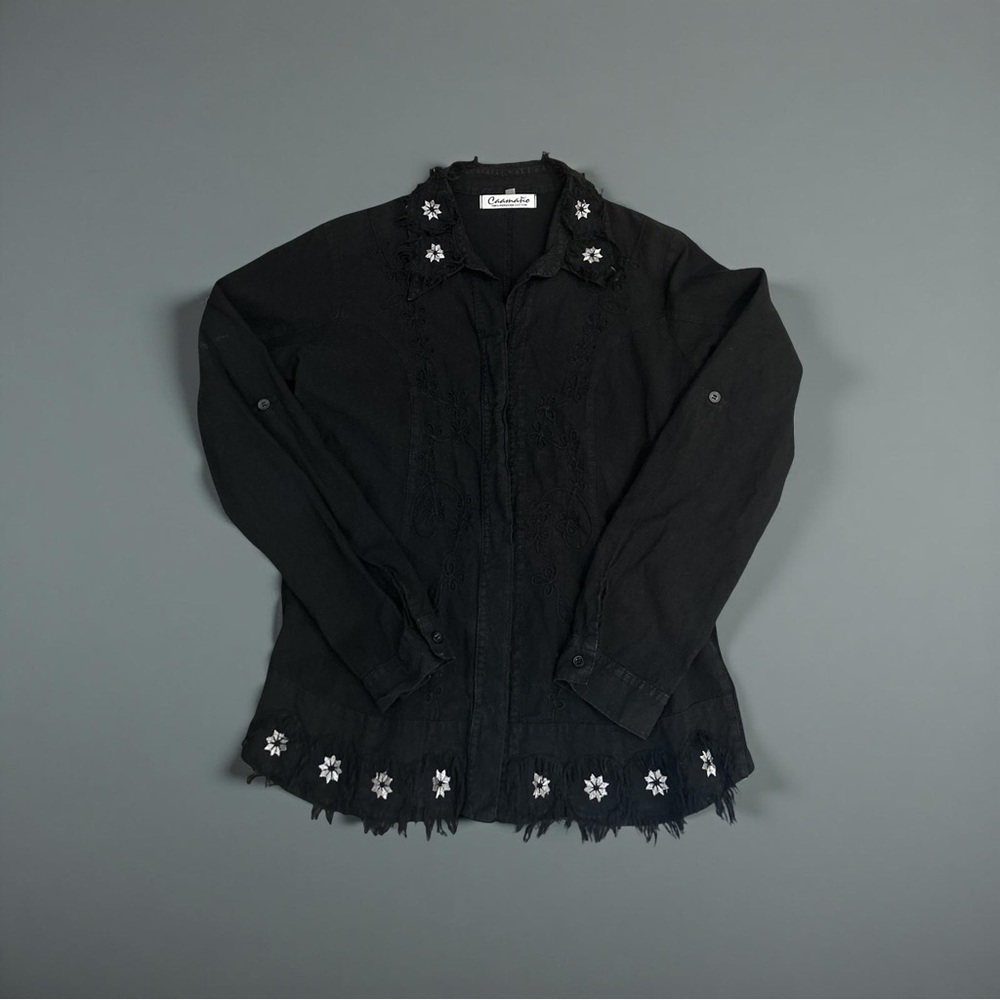 Caamano Women’s Size M Black Distressed Embroidered Peruvian Cotton Boho Top